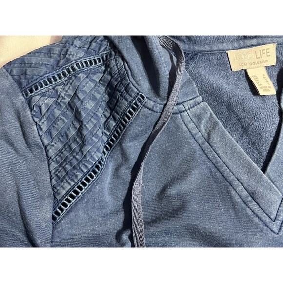 LOGO Life Lori Goldstein Hoodie Size Small Blue French Terry Pullover V-Neck - Picture 3 of 8